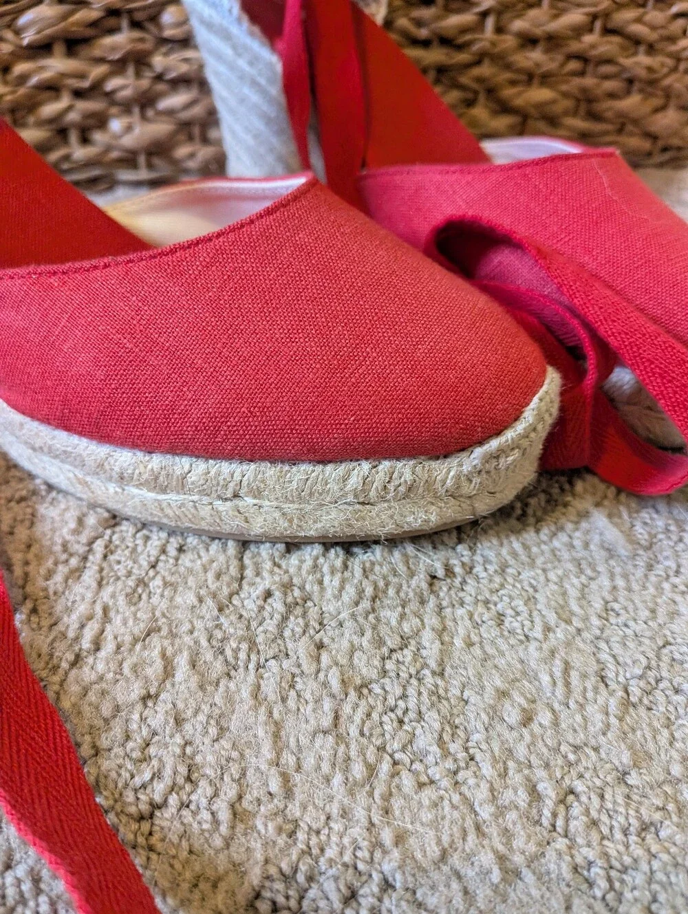 Soludos Red Canvas Espadrille Wedge Ankle Tie Sandals